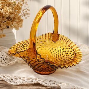 Vintage Fenton Glass Basket Large 9" Height Amber Hobnail Ruffle Crimped Edge